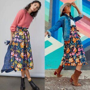 Anthropologie Corey Lynn Calter Kyla Paperbag Midi Skirt Floral Multi Sz Small